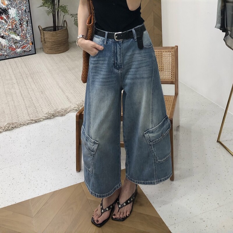 夏季新款美式多口袋工装八分牛仔裤女高腰宽松阔脚裤休闲中裤子潮