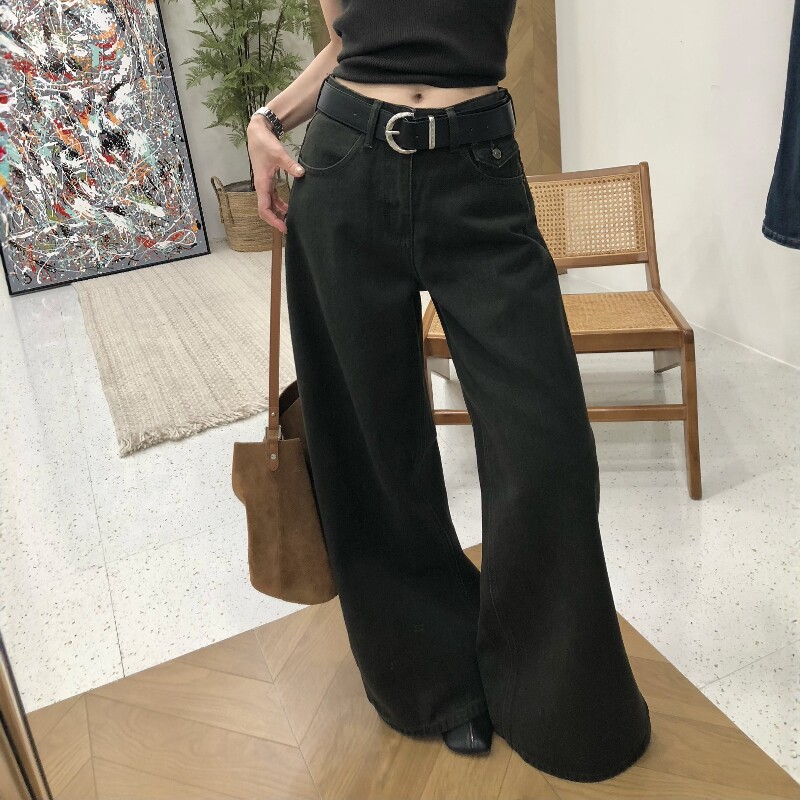 2026新款复古美式阔腿牛仔裤女宽松显瘦垂感直筒拖地裤子(配腰带