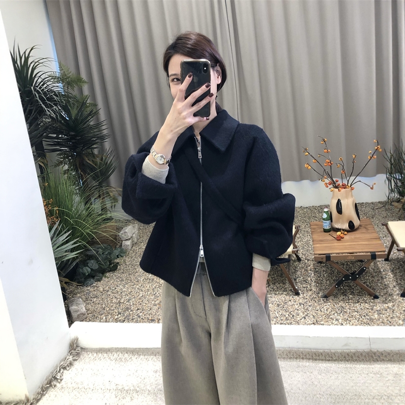 复古手缝双面羊绒大衣女短款