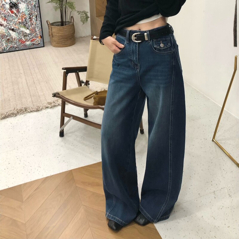 2026年秋季蓝色牛仔弯刀裤女版型超好高腰直筒阔腿裤子(配腰带)