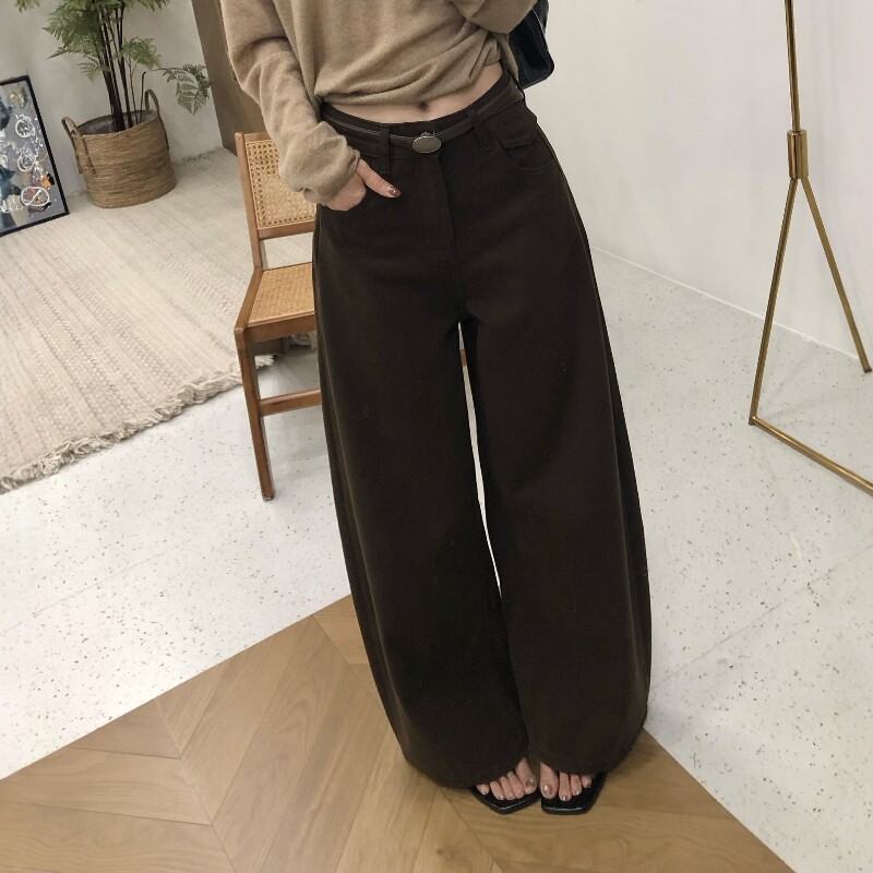 2026秋美式摩卡棕色复古弯刀牛仔裤女宽松直筒阔腿裤长裤(配腰带