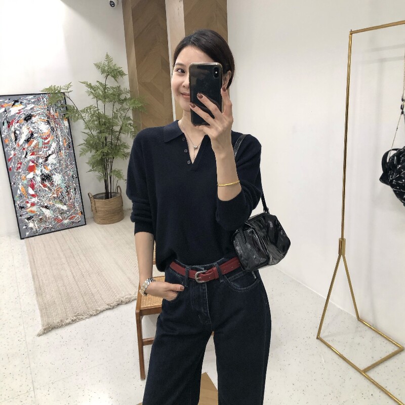 法式翻领POLO领羊毛针织衫体恤女秋季修身慵懒休闲v领长袖T恤上衣