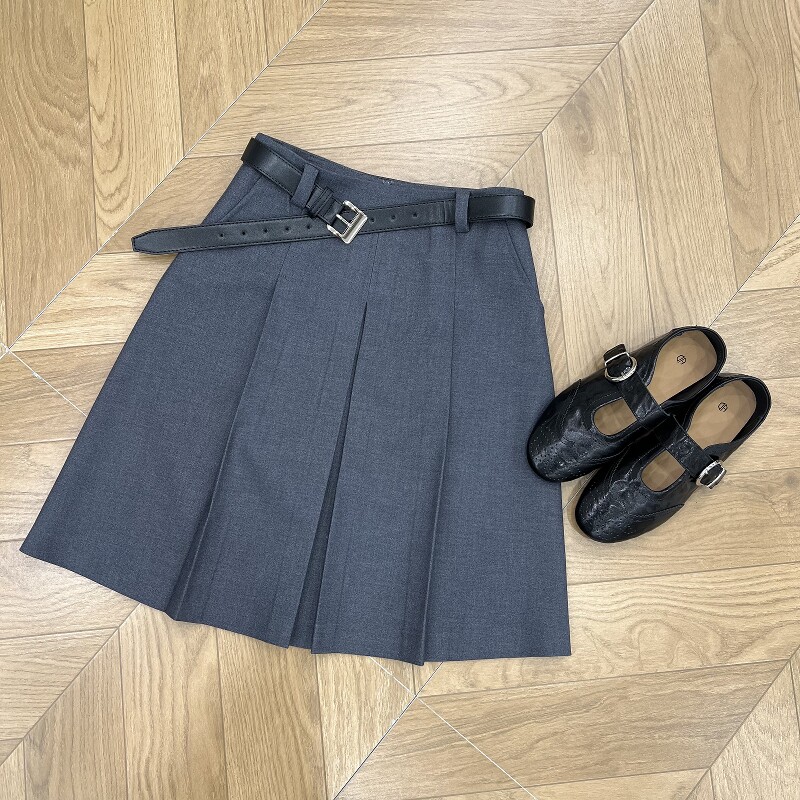 灰色百褶西装半身裙女春季新款遮肚子显瘦a字高腰短裙子（配腰带