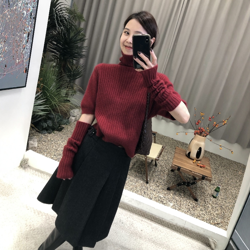 2025秋冬新款穿搭泡泡袖套过年羊毛毛衣女内搭高领针织打底衫上衣