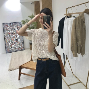 2026韩系夏季 蕾丝上衣女 复古气质圆领重工镂空钩花设计感小众短袖
