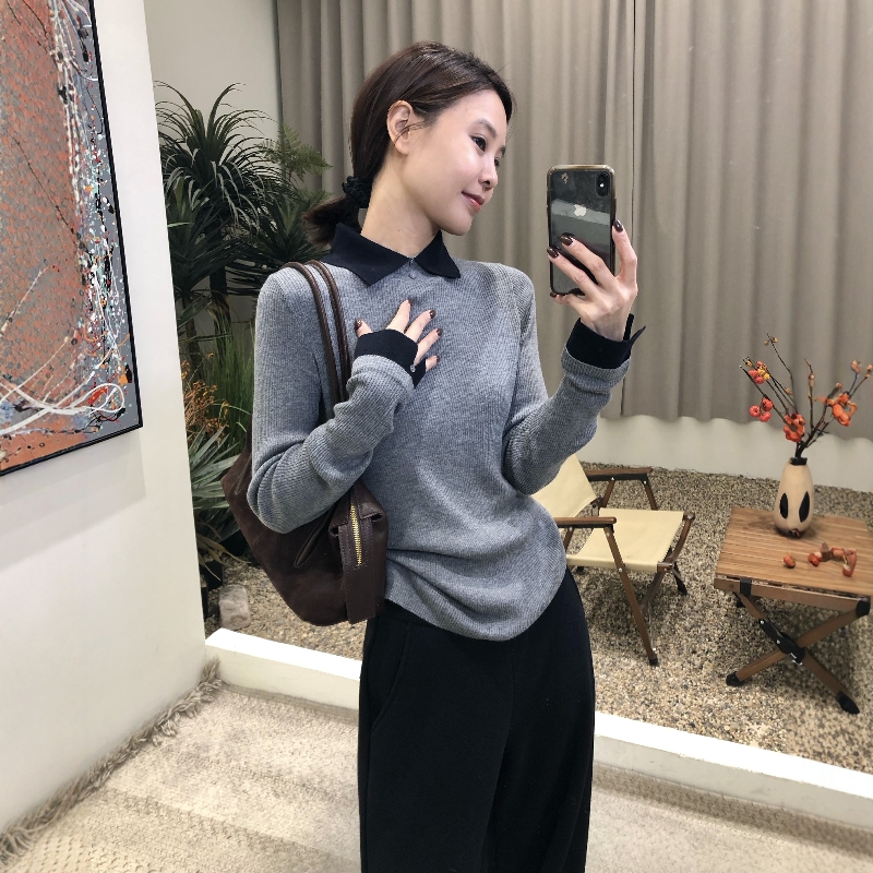 撞色polo领针织衫羊毛毛衣女秋冬新款休闲长袖修身显瘦百搭上衣