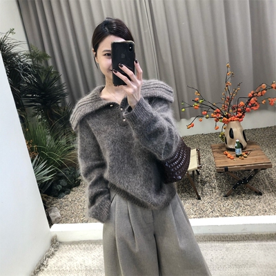 韩版大翻领马海毛幼毛针织衫