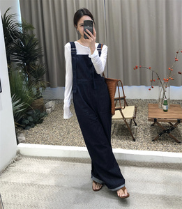 2024春季韩版深蓝色水洗牛仔背带裤女宽松高腰显瘦吊带直筒阔腿裤