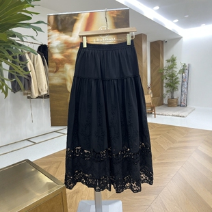 黑色蕾丝花边镂空半身裙女春秋高腰a字大摆伞裙中长款高个子裙子
