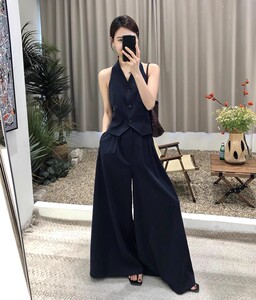 复古挂脖套装女无袖短款背心上衣2024年夏季高腰阔腿裤休闲两件套