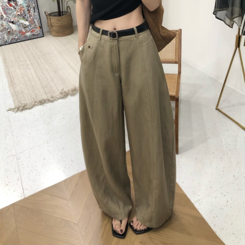 2026夏季新款复古慵懒天丝亚麻休闲裤女高腰显瘦垂顺阔腿弯刀长裤