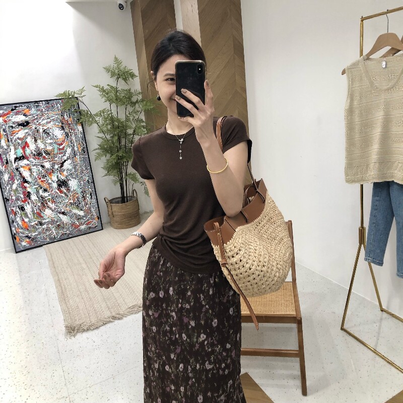 暗夜花园韩系雪纺碎花裙夏季修身高腰显瘦鱼尾半身裙天丝T套装女