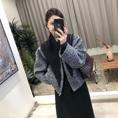 2025秋冬小香风粗花呢子圆领毛呢短大衣呢外套女+针织披肩两件套