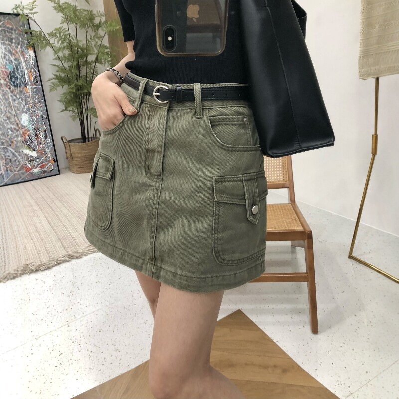 2026夏季新款复古美拉德风牛仔半身裙女a字口袋工装短裙（配腰带