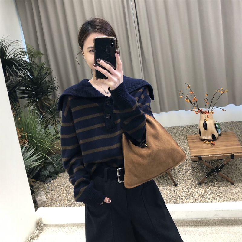 复古大翻领条纹羊毛毛衣女2025秋冬款韩版宽松polo针织衫套头上衣