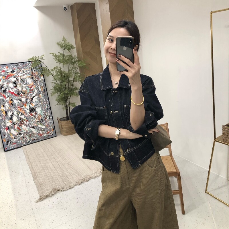 美式复古蓝色翻领短款牛仔外套女廓形设计感秋季修身工装夹克上衣