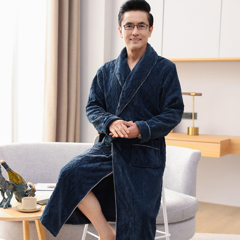 中年男士睡衣法兰绒加厚加长款珊瑚绒睡袍冬季加绒保暖老年男浴袍