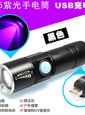 USB充电手电筒荧光剂检测笔防伪码紫光灯验钞紫外线玉石鉴定365nm