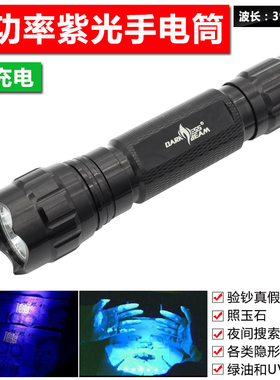 501B紫光手电筒充电UV固化防伪检测荧光剂检测笔验钞LED灯紫外线