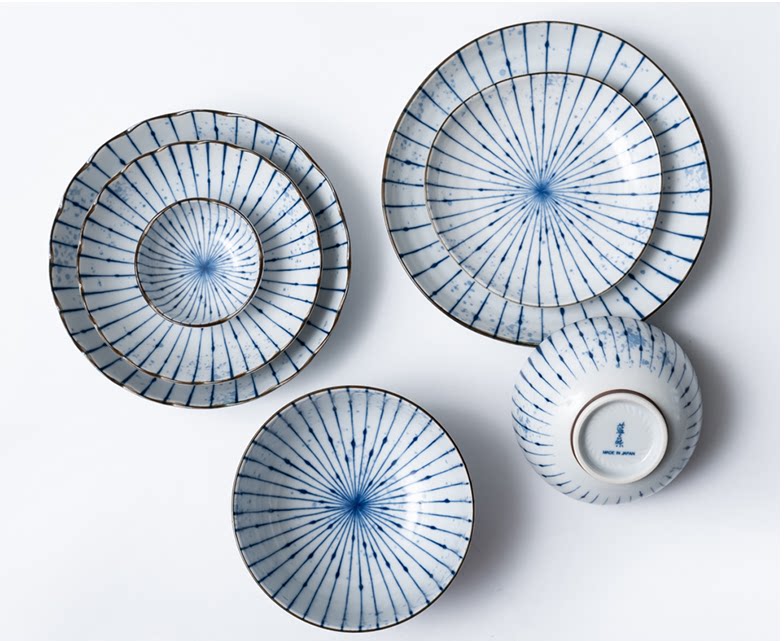 现货日本进口美浓烧陶瓷釉下彩吉祥图纹吹墨十草和风料理餐具盘碗