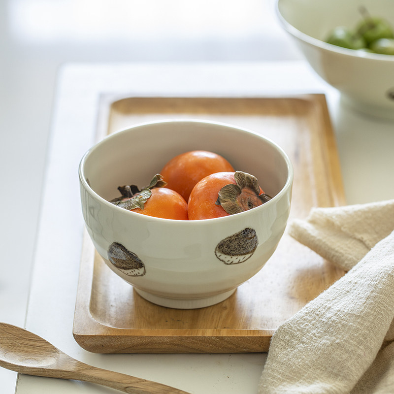 现货日本进口美浓烧手绘陶瓷釉下彩可爱栗子丼碗大碗大汤碗面碗