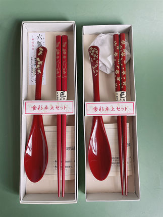 日本山中漆器金箔树脂家用复古尖头防滑筷子勺子套装礼盒汤饭小勺