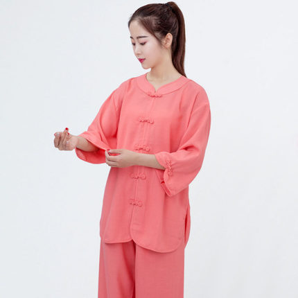 新款小和山夏季薄款圆领太极服女夏天棉麻七分袖练功服太极拳短袖