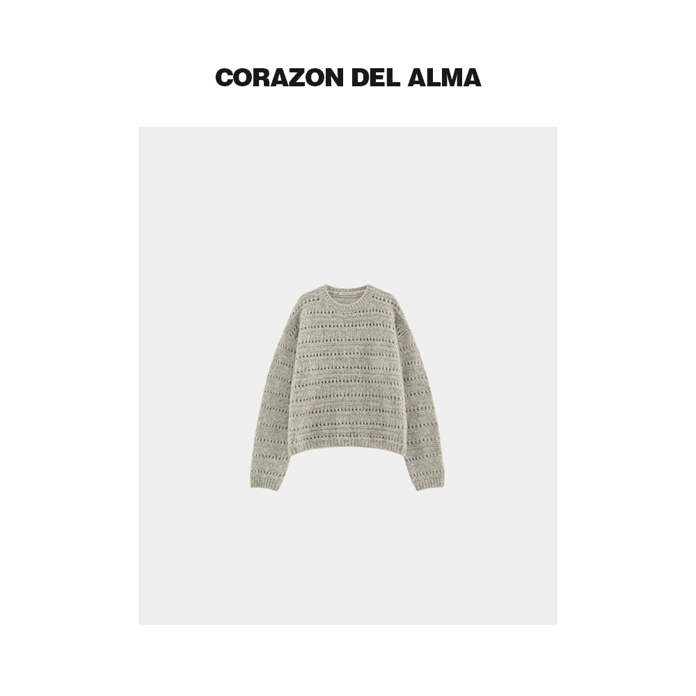 复古粗针提花圆领镂空毛衣