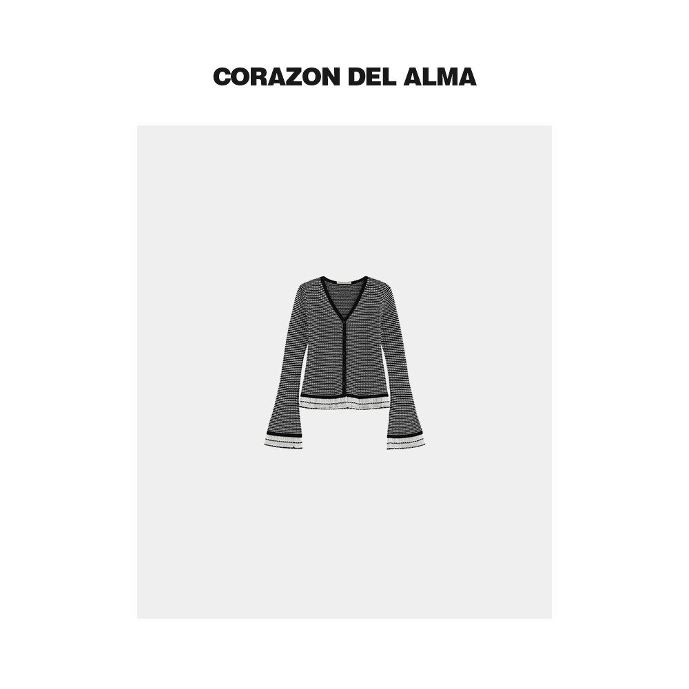 【落影】高级感黑白撞色棉麻混纺手工花边显瘦V领毛针织开衫-6176