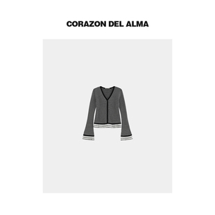 6176 高级感黑白撞色棉麻混纺手工花边显瘦V领毛针织开衫 落影