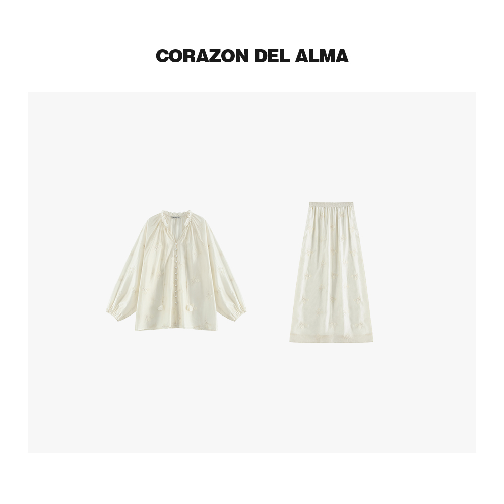 定制立体珠花刺绣衬衫半裙套装