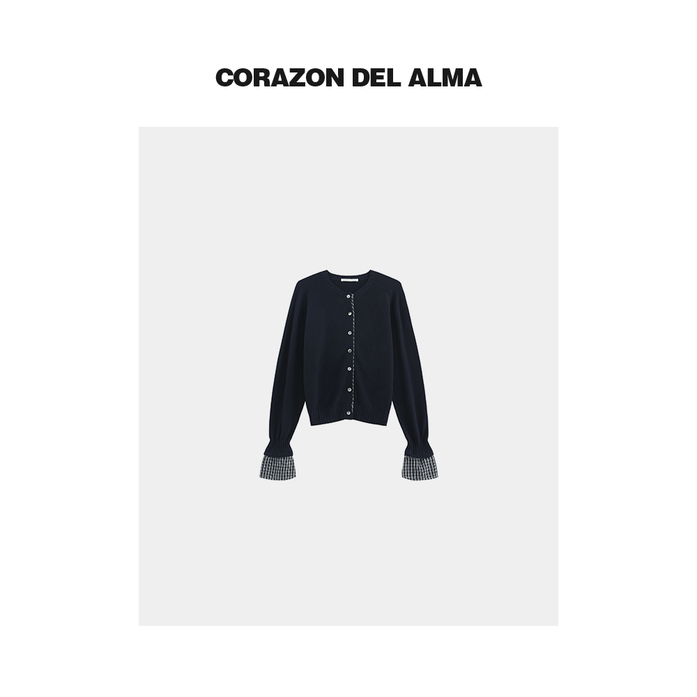 格子拼接喇叭袖毛织小开衫