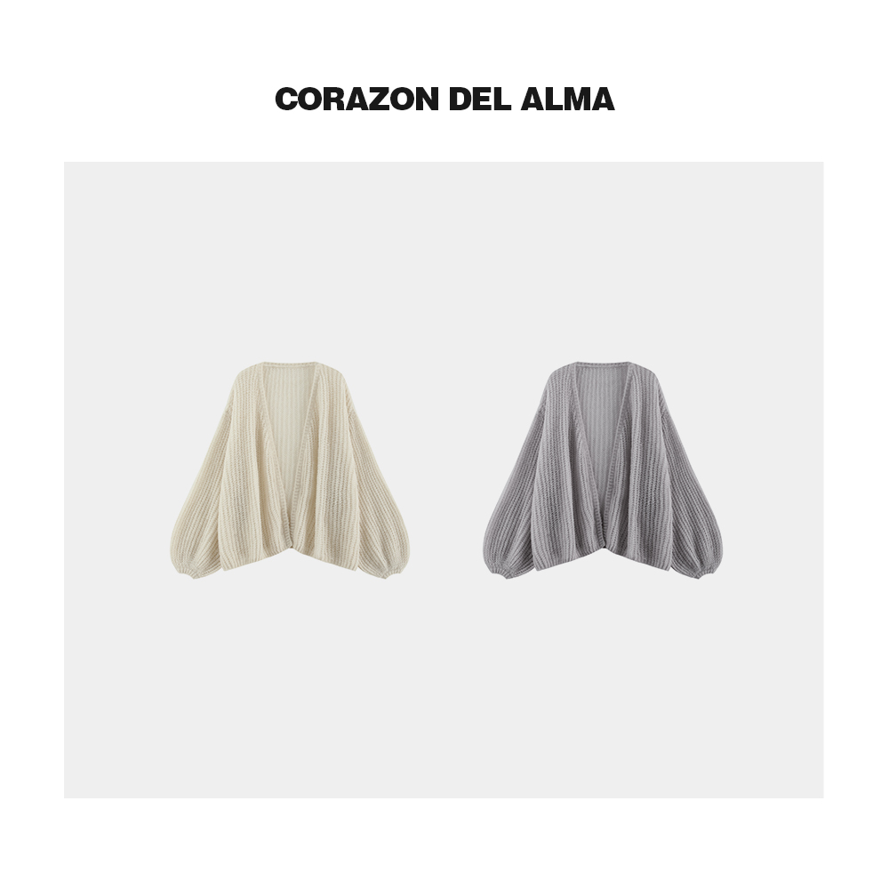 慵懒v领廓形灯笼袖毛织开衫外套