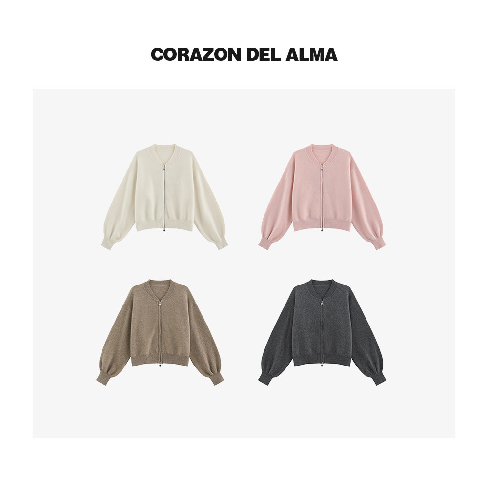 加厚v领拉链羊绒毛织开衫