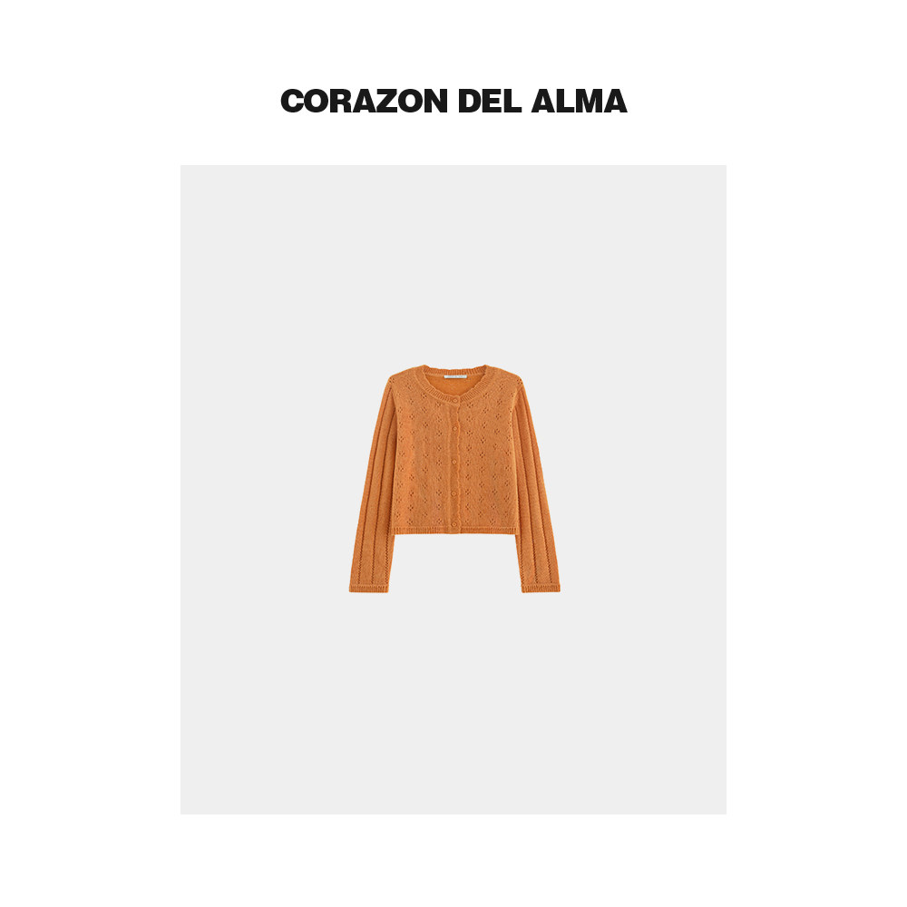 镂空花边圆领毛织小开衫