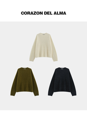 【点雪】老钱风经典圆领100绵羊毛加厚拉毛绒感宽松毛织上衣-Y364