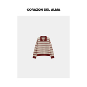 氛围感复古红间色条纹翻领廓形毛衣W32 高端羊驼羊毛混纺 芬兰