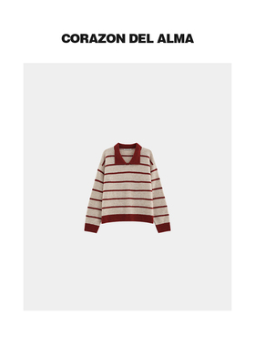 【芬兰】高端羊驼羊毛混纺 氛围感复古红间色条纹翻领廓形毛衣W32