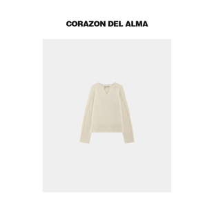 【白茧】超细100绵羊毛造型感V领手工领珠下摆开叉廓形毛衣-AW295