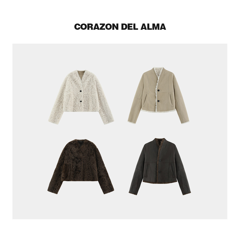 两面穿小湖羊v领皮草外套