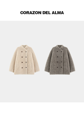 【沃雪】加厚保暖100绵羊毛复古双排扣中长款一体毛毛外套-16125