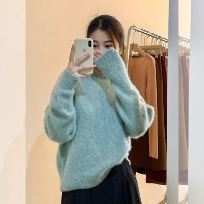 韩系慵懒风蓝绿色毛衣女秋冬