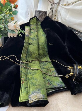 2026早春新中式精致国风黑色盘扣上衣加厚双面穿羊羔毛棉服外套女