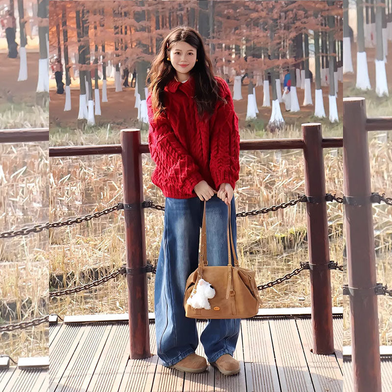 新年战袍红色翻领菱格毛衣2026年春季麻花针织衫牛仔阔腿裤套装女,女装/女士精品,大码套装,淘宝优惠券,粉丝福利购,淘宝优惠卷