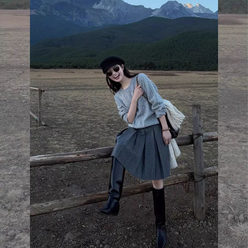 小个子超火韩式搭配一整套2026年春季圆领灰色毛衣百褶裙两件套女,女装/女士精品,大码套装,淘宝优惠券,粉丝福利购,淘宝优惠卷