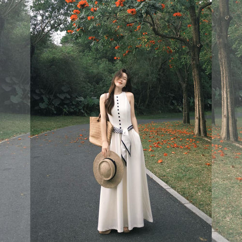 度假风独特气质白色背心连衣裙女