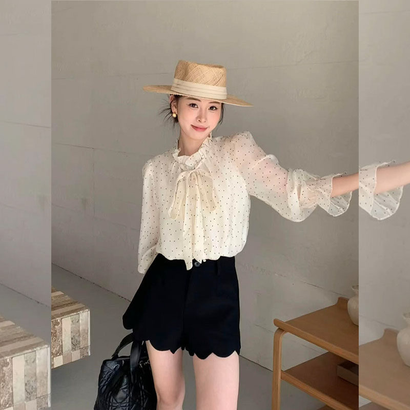 法式甜美风超火一整套2026春季系带波点雪纺衬衫黑色短裤两件套女,女装/女士精品,大码套装,淘宝优惠券,粉丝福利购,淘宝优惠卷