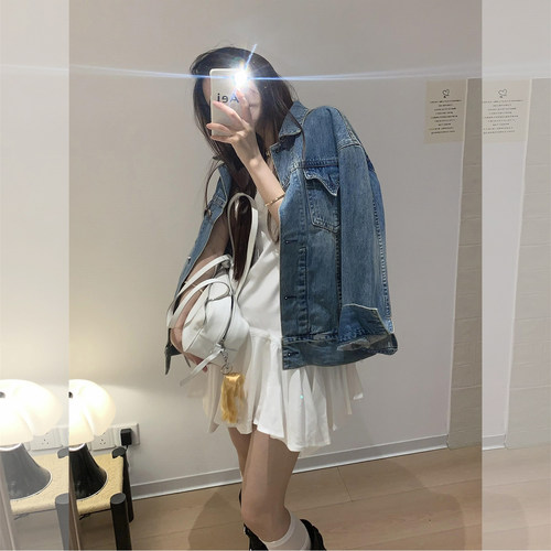 韩版廓形落肩袖慵懒做旧牛仔外套