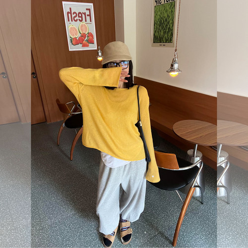 慵懒风黄色针织上衣阔腿卫裤套装