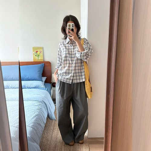 韩系格纹长袖衬衫高腰阔腿裤套装